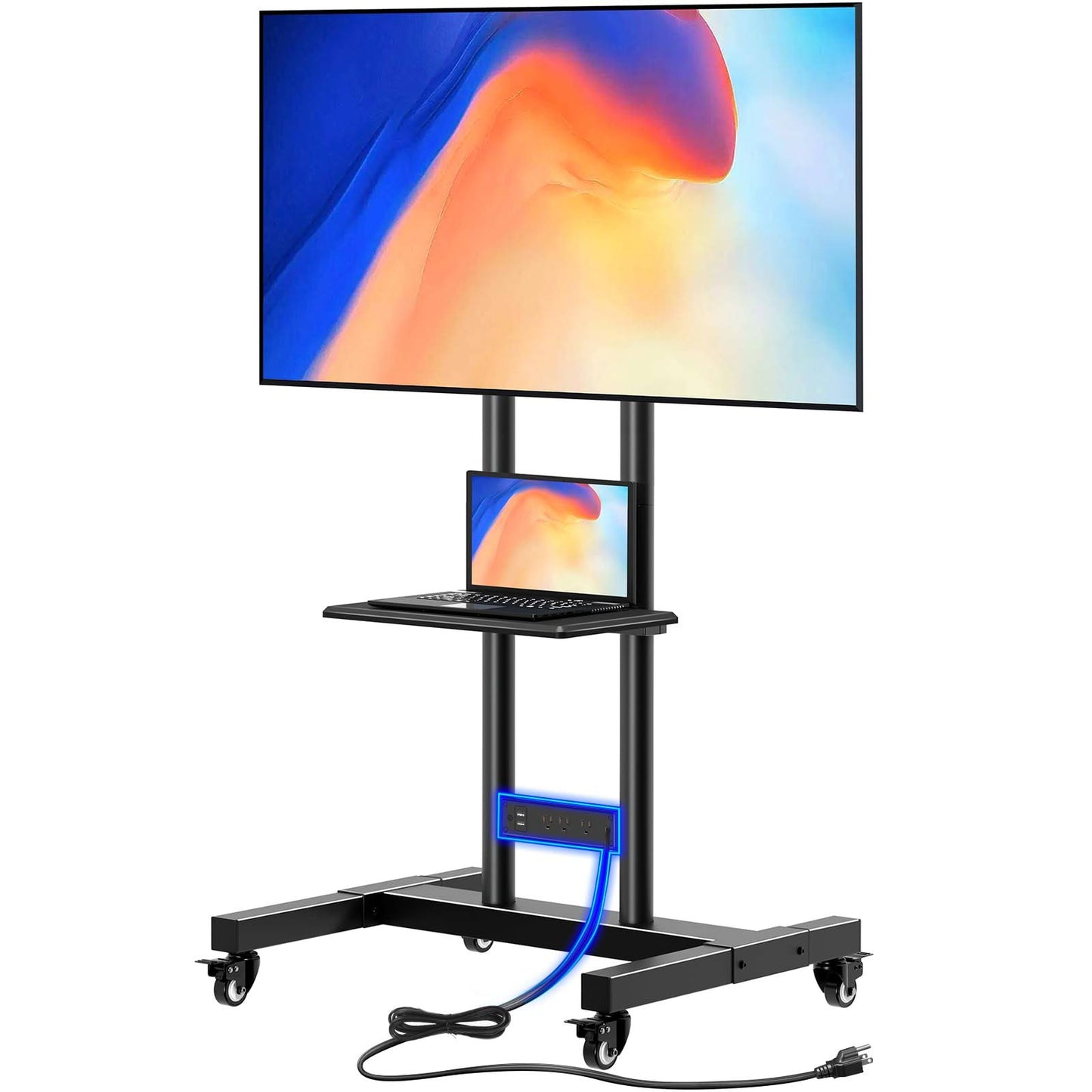 Tv Stand With Power Outlet, Mobile Tv Cart On Wheels For 32-85 Inch Led Lcd Flat Curved Panel Screen Tvs, Up To 132lbs, Height Adjustable