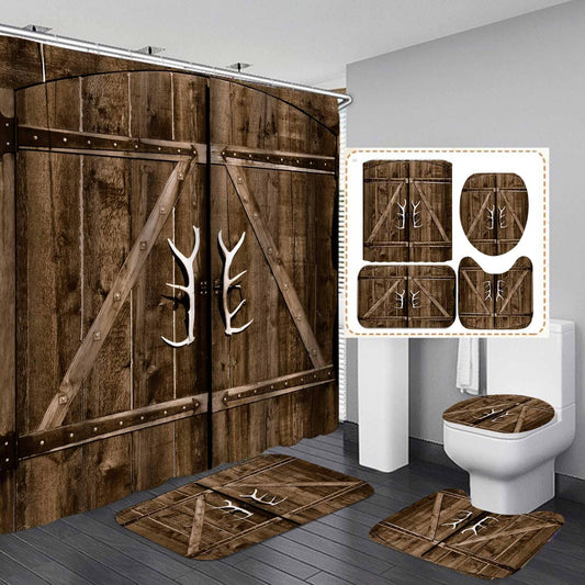 Madge Make Your Home Sweeter Jayden&Madge 4pcs/Set Rustic Barn Vintage Door With Antler Handle Shower Curtain