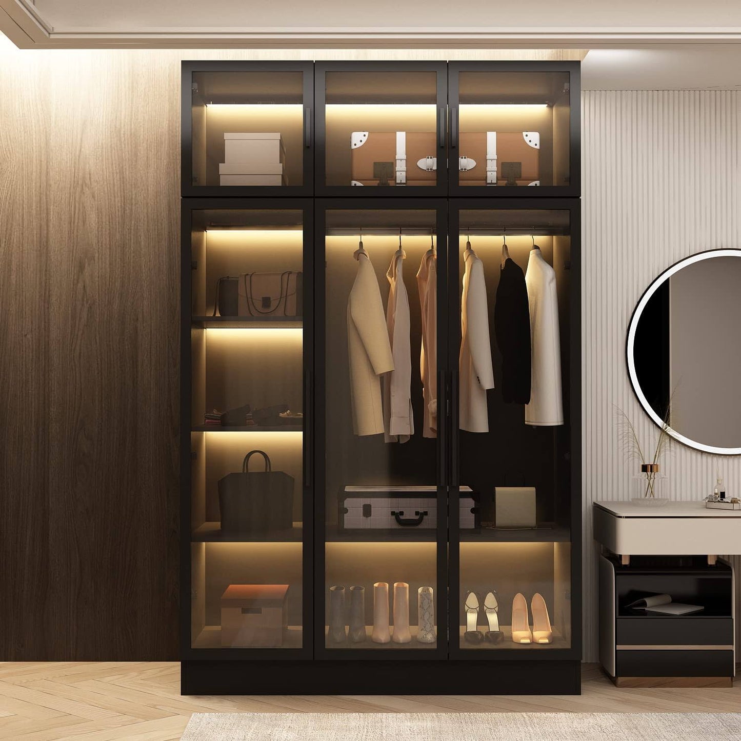 Wardrobe Cabinet With Led Light Strips, Armoire Closet With Glass Doors, Wooden Large Wardrobe With 5 Tiers Shelf & Hanging Rod, Modern