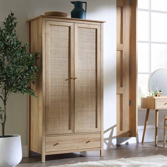 Rattan Double Closet With 1 Drawer, Natural - Daals - Wardrobes