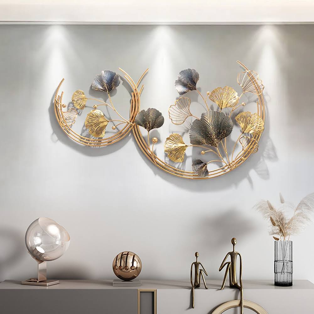 Modern 3d Hollow-Out Ginkgo Leaves Wall Decor Home Metal Round Wall Art In Gold & Gray