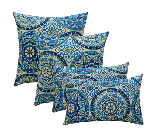 Of 4 Indoor / Outdoor Pillows - 17 Square Throw Pillows & Rectangle / Lumbar Decorative Throw Pillows - Wheel Indigo - Blue, Ivory Large Sundial