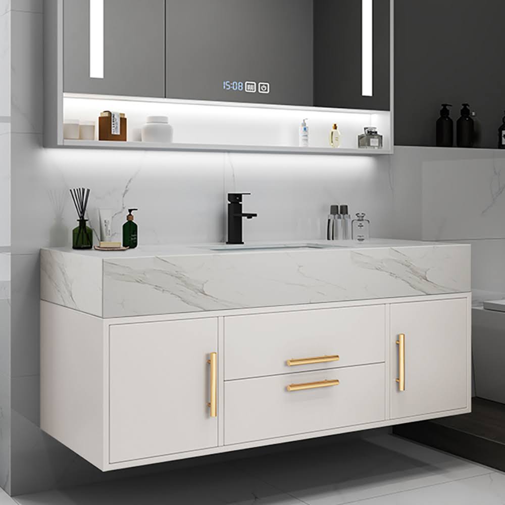 Modern 39 White Floating Bathroom Vanity Set Stone Top Wall Mounted Bathroom Cabinet