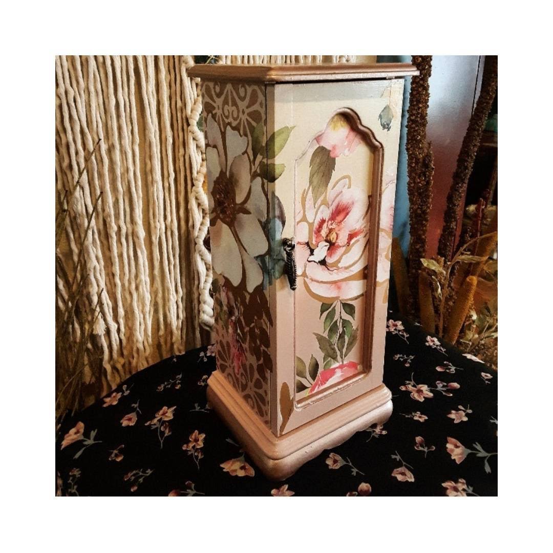 Tall Free Standing Jewelry Armoire, Hand Painted, Pink And White