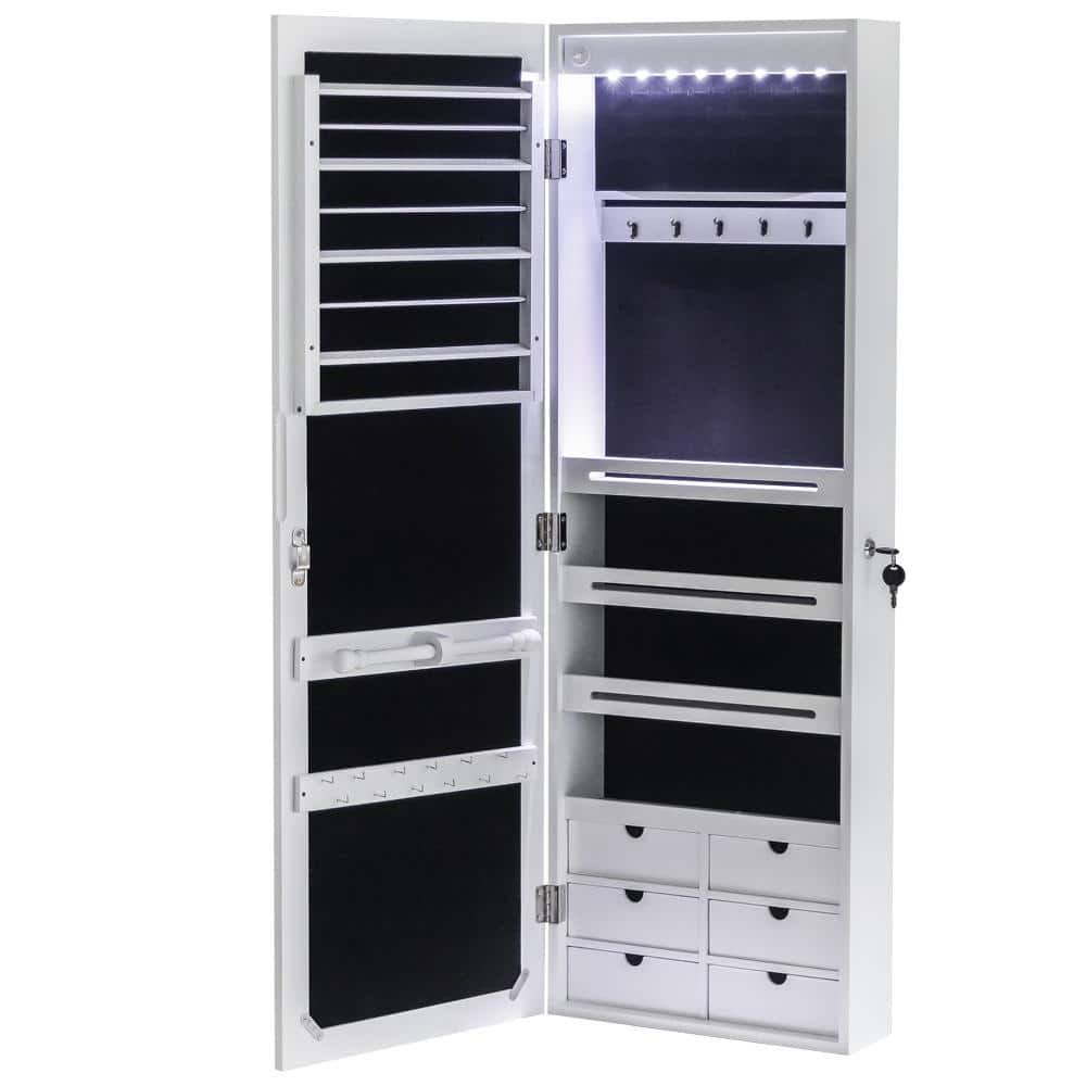 Mirror 6-Drawers Wooden Wall Hanging White Jewelry Armoire With 8 Blue Led 42.5 In. H X 14.3 In. W X 4.8 In. D