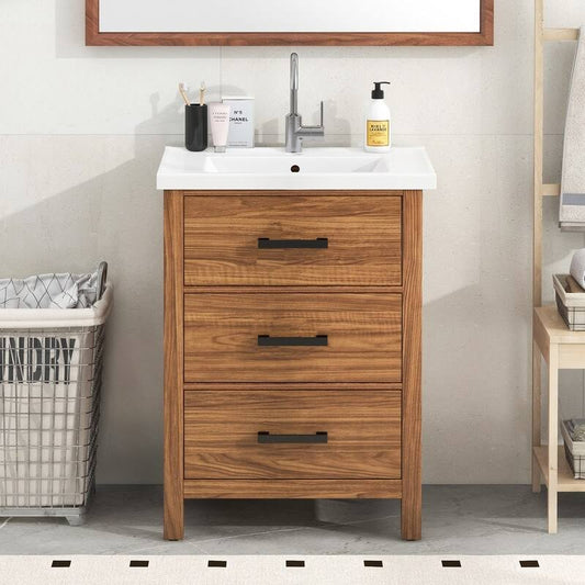 Vanity 24 Inch, Small Bath Vanity With Sink, Modern Sink Cabinet, Free Standing Bath Vanity Combo With With 3 Drawers - Natural Wood