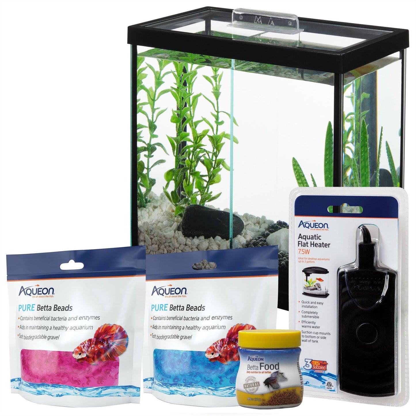 Starter Kit - Frisco Betta Aquarium, Aqueon Betta Food, Water Care, Heater