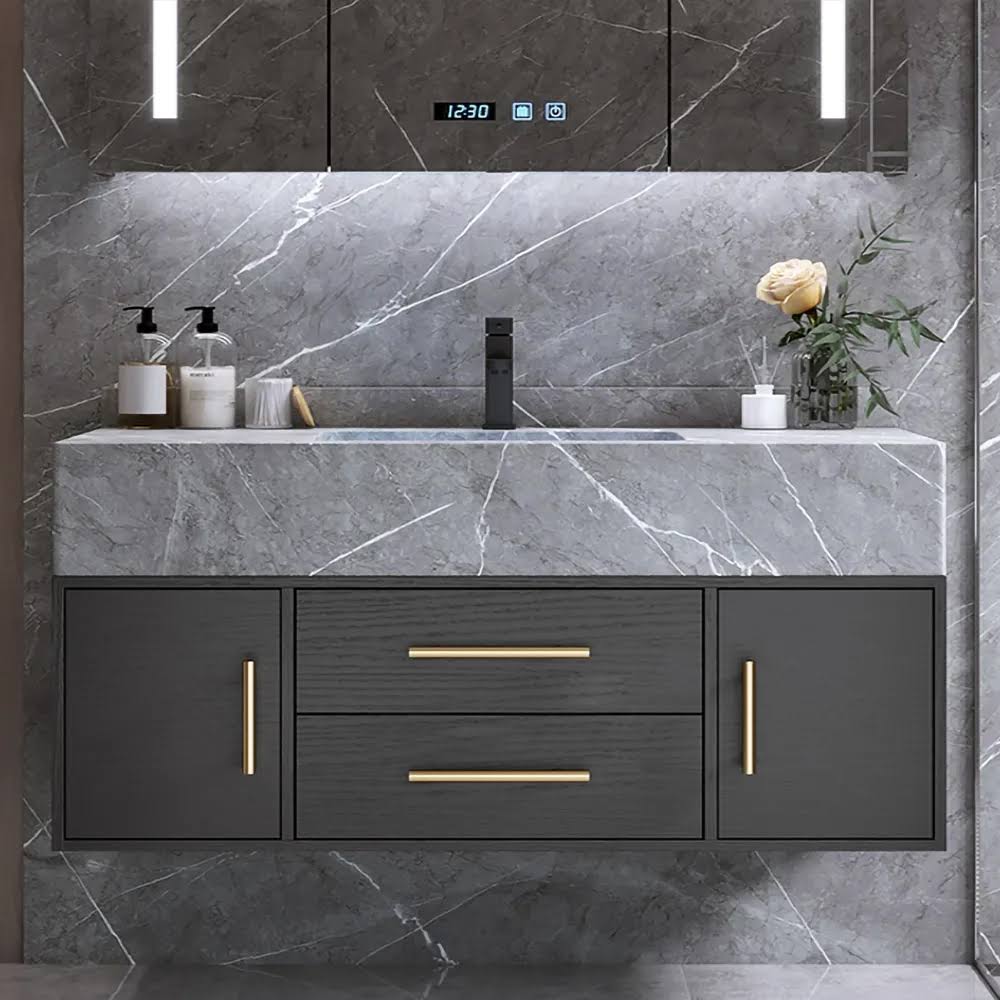 Modern 39 Floating Black Bathroom Vanity Stone Top Wall Mounted Bathroom Cabinet