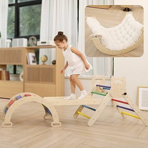 2 In 1 Montessori Climbing Arch For Toddlers,Rainbow Wooden Climbing Arch Rocker& Cushion,Climbing Triangle Ramp,Montessori Climbing Gym For