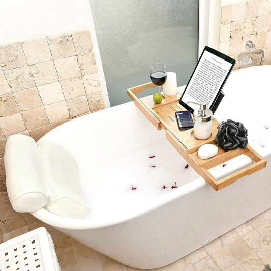 Tray And Bath Pillow Eco-Friendly Bamboo Adjustable Bath Tray