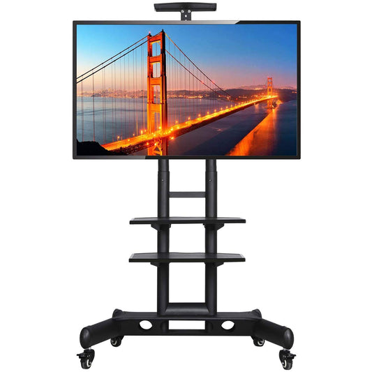 Mobile Tv Stand With Wheels, Adjustable Rolling Tv Cart For 32 To 75 Inch Lcd Led Screen Tv W/Storage Shelves And Heavy Duty Base, Holds