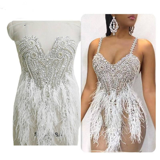 Rhinestone Bodice Beaded Feather Applique Patch Off- Shoulder Beaded Lace Patch For Ballgown Evening Party Birthday Dress