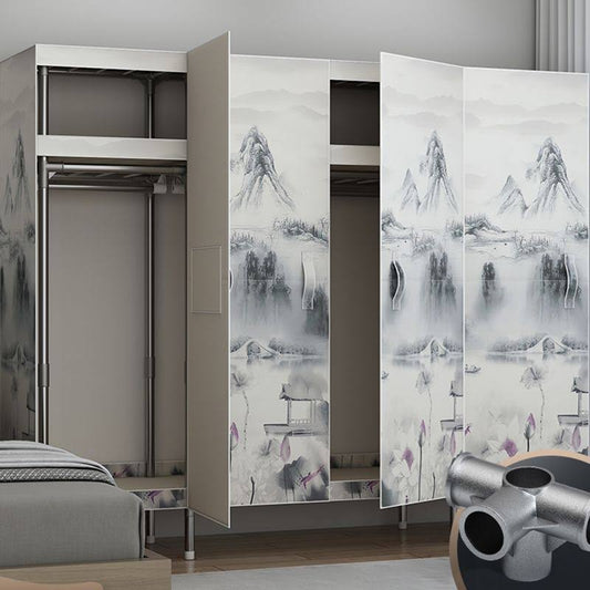 Style Wardrobe Armoire Steel Frame Wardrobe Cabinet For Bedroom - White-Gray 65l X 18w X 69h