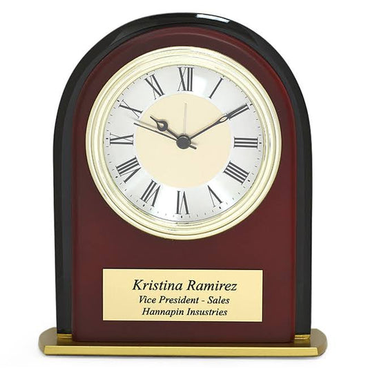 Mahogany Finish & Black Glass Personalized Desk Clock