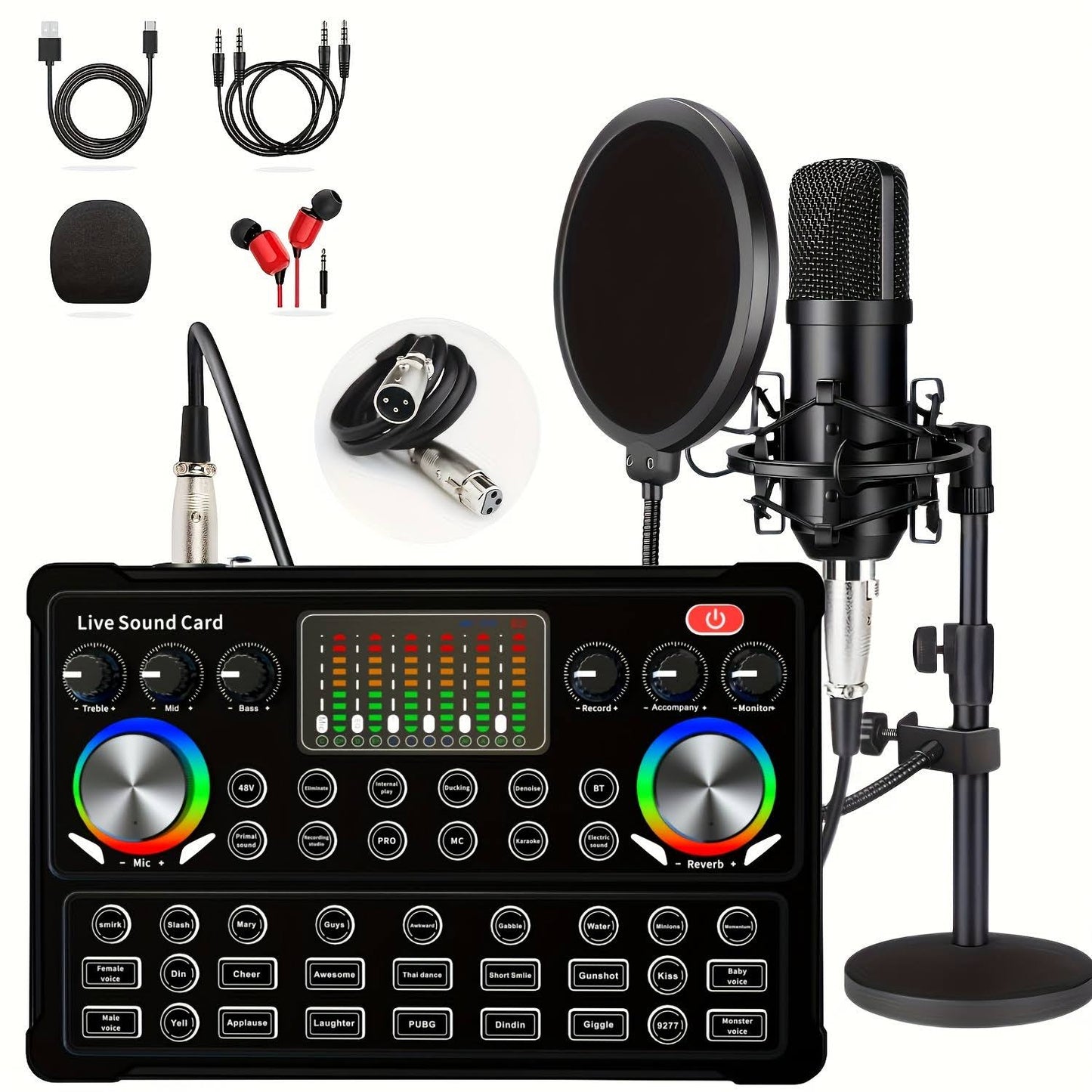 1 Set Of Podcast Equipment Bundle, 48v Xlr Podcast Microphone Bundle, Voice Changer With Adjustable Mic Stand, Studio Condenser Microphone For