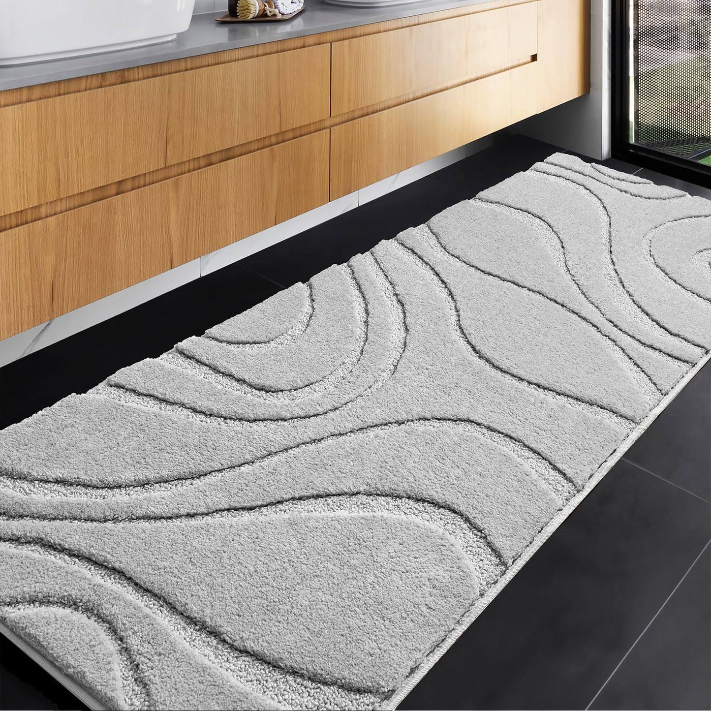 Rugs Runner 24 X 60 Inch, Extra Long Non-Slip, Machine Washable Bath Mats, Light Gray Soft Carpets For Bathroom Showe