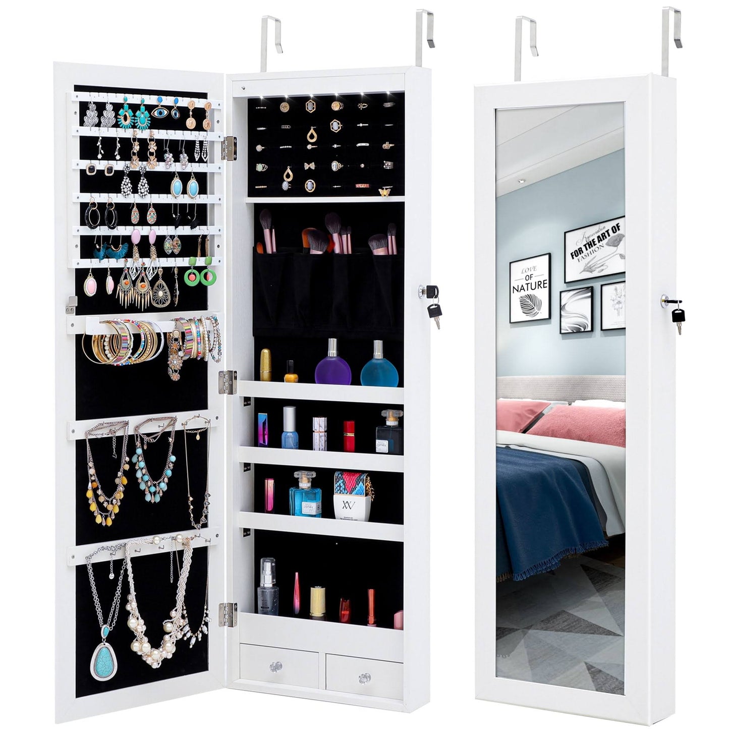 Mounted Jewelry Armoire Cabinet With Led Lights & Mirror