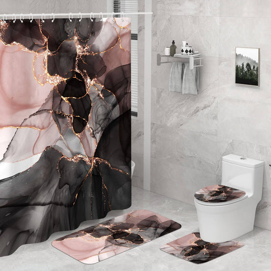 Pink Gold Marble Shower Curtain Sets 4 Piece With Rugs,Black Pink Gold Bathroom Sets With Shower Curtain And Rugs And Accessories, Modern