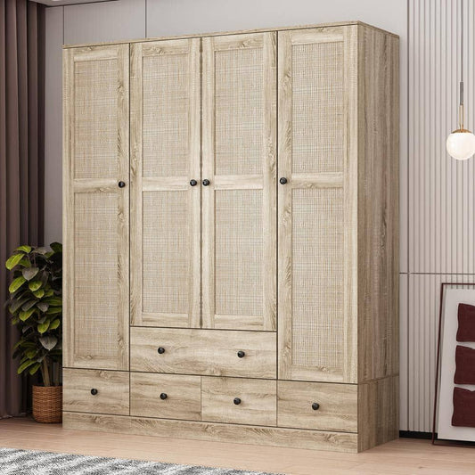 Wood Grain 59 In. W Rattan Doors Design Armoires Wardrobe With 5-Drawers