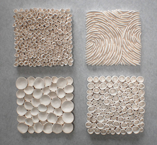 Sea Textures Wall Sculptures - Coral Reef White Clay Wall Art Tile Beach House Wall Decoration Set Of 4