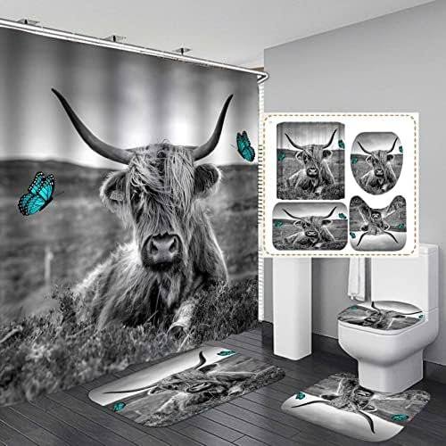 Madge Make Your Home Sweeter Jayden&Madge 4pcs/Set Funny Cow Rustic Wagon Wheel Fabric Shower Curtain