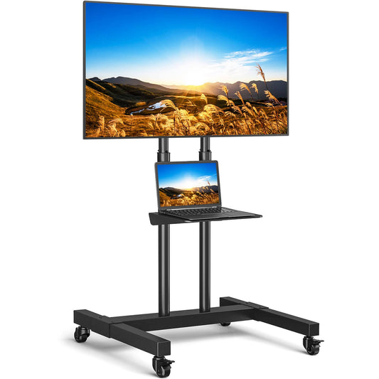 Tv Cart For 32-80 Inch Screens Up To 110 Lbs, Height Adjustable Rolling Tv Stand With Locking Wheels And Metal Shelf, Portable Outdoor Floor