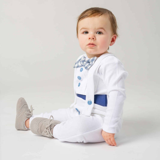 White Baby Blessing & Christening Outfit With Gingham Blue Bow Tie And Accents