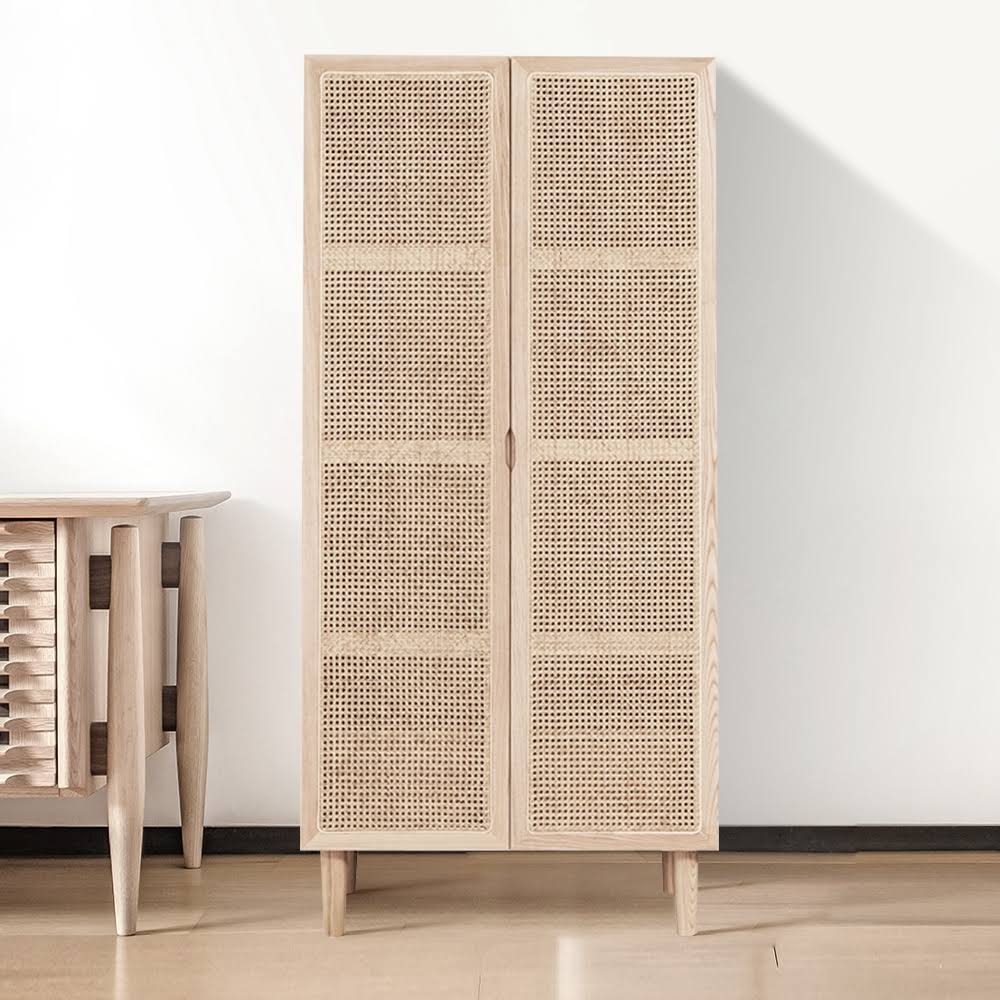 2-Door Rattan Closet With Hidden Drawer Natural Woven Cabinet Ash