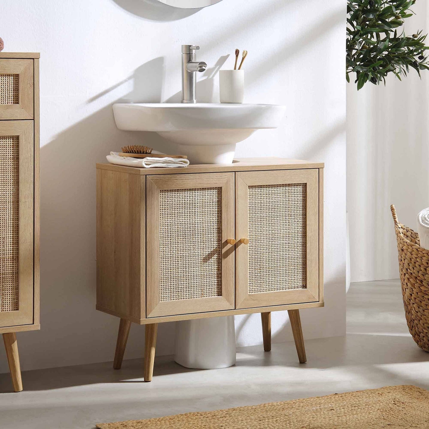 Woven Rattan 2-Door Bathroom Undersink Cabinet, Natural - Daals - Bathroom Cabinets