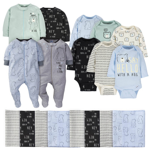 18-Piece Baby Boys Bear Sleep N Play, Onesies Bodysuit, And Burpcloth Set