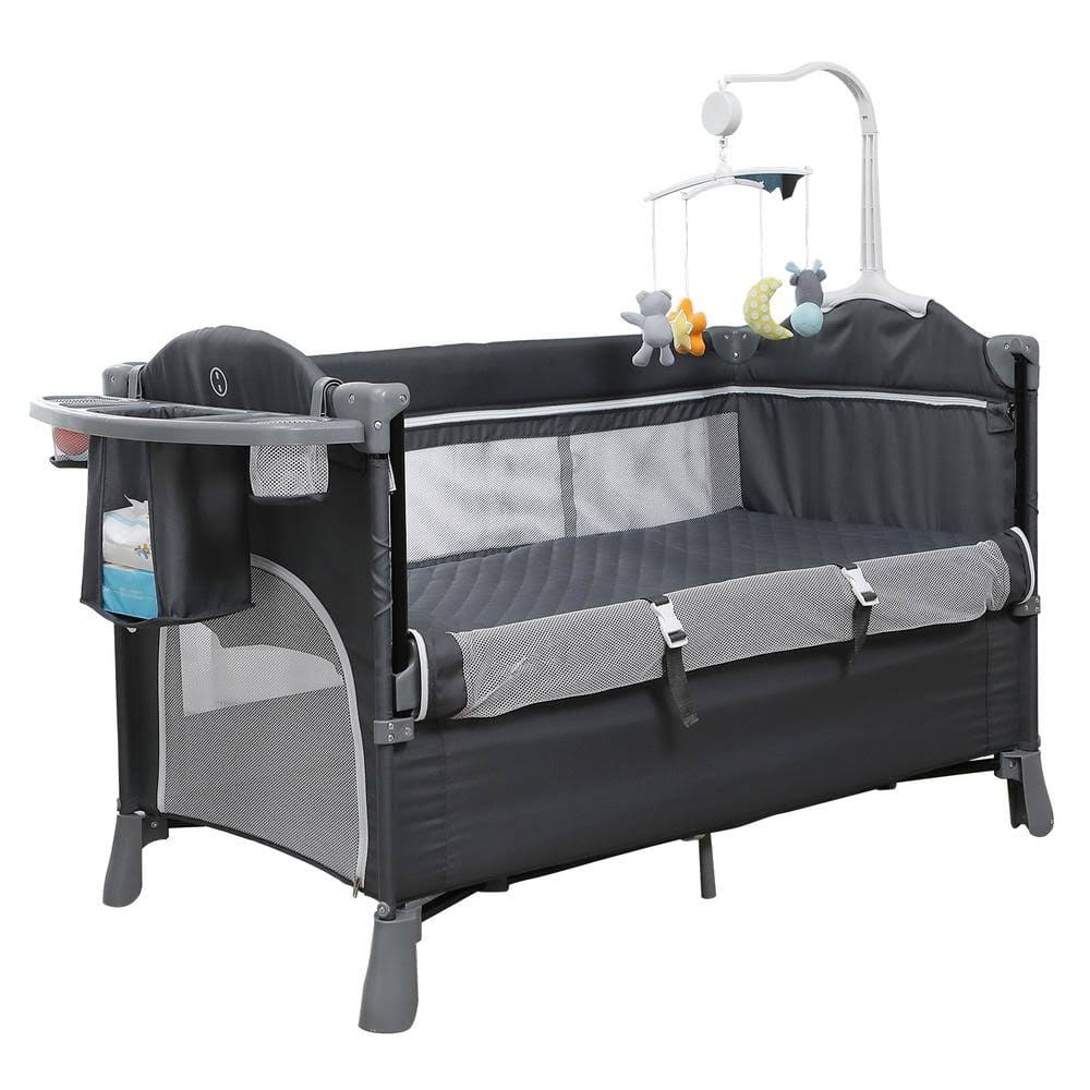 Multifunctional Foldable Gray Baby Crib Co-Sleeper Playpen Adjustable Infant Bassinet Bed With Carry Bag Hanging Toys