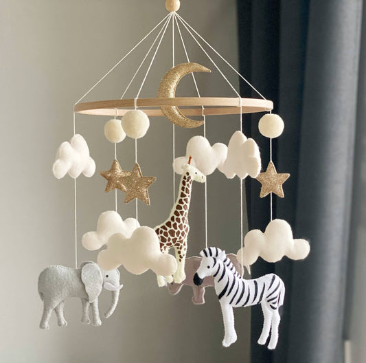 Mobile Neutral Animals Africa Nursery Mobile Felt Africa Safari Giraffe, Zebra,Hippo And Elephant. Crib Mobile Moon And Clouds Mobile.