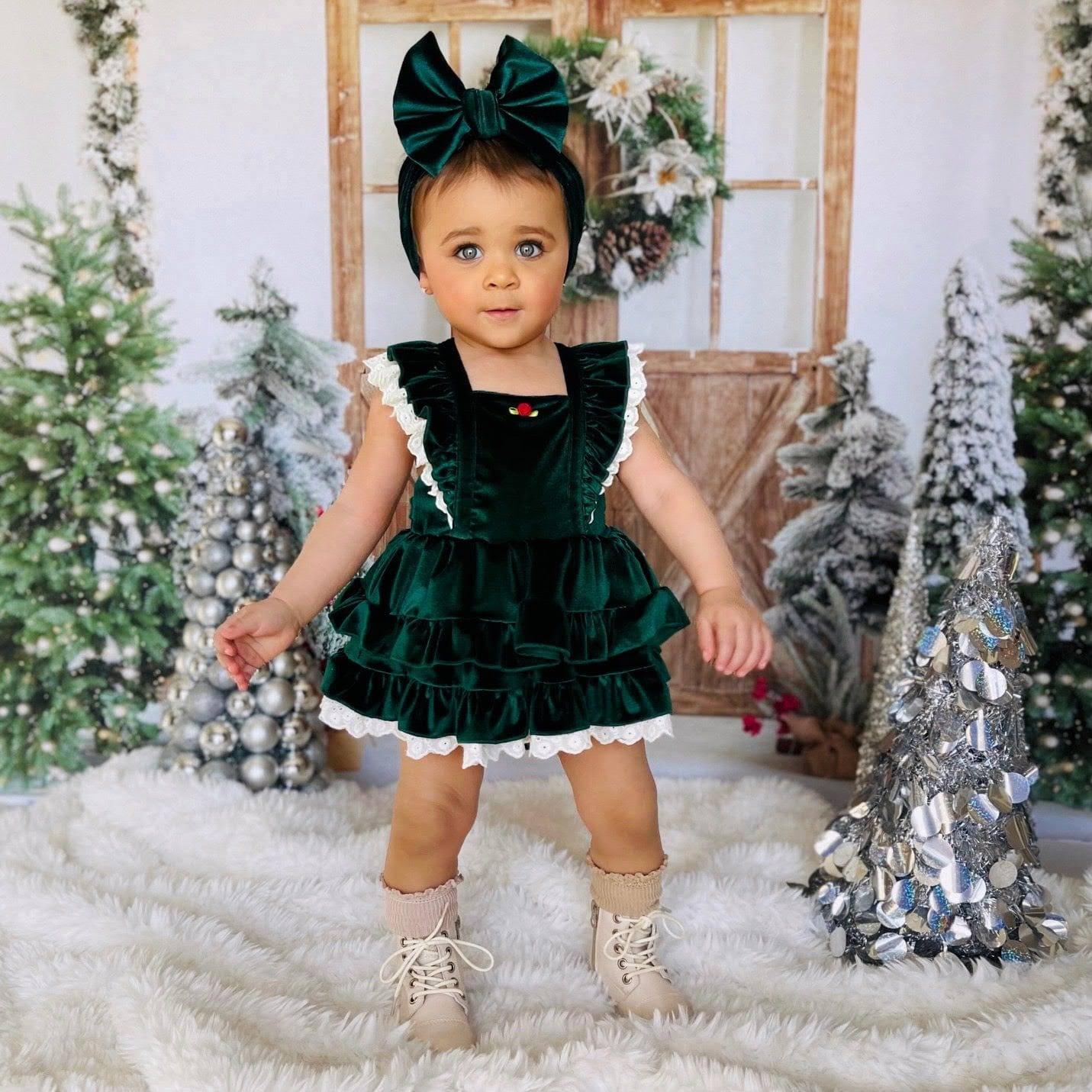 Roses Emerald Velvet Tiered Dress Toddler