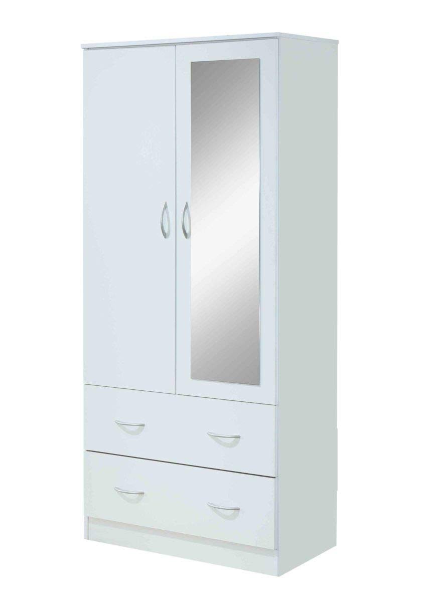 2 Door Wood Wardrobe Bedroom Closet With Clothing Rod Inside Cabinet, 2 Drawers For Storage And Mirror, White