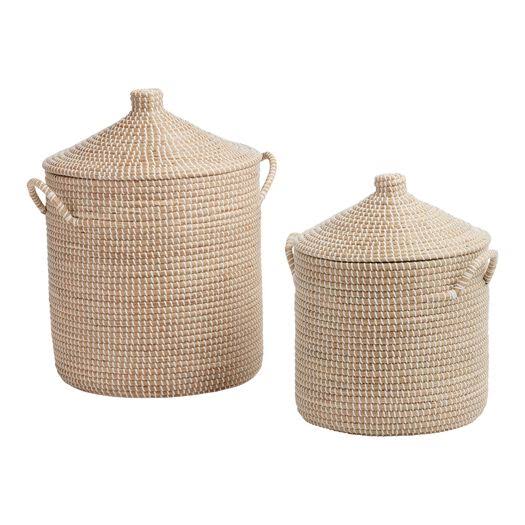 White And Natural Seagrass Basket With Lid By