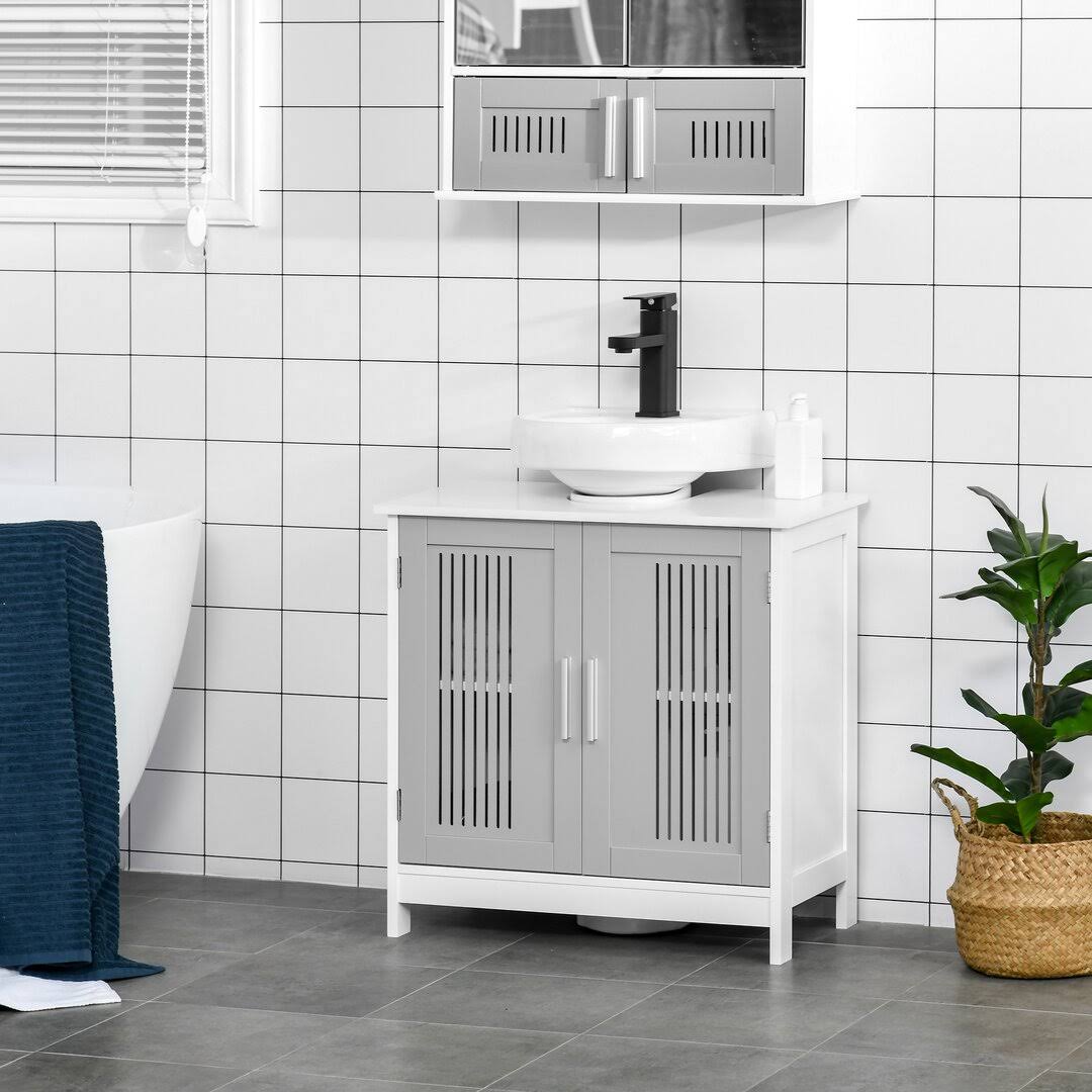 Under Sink Cabinet With 2 Doors, Pedestal Under Sink Bathroom Cupboard With Adjustable Shelves, Grey And White