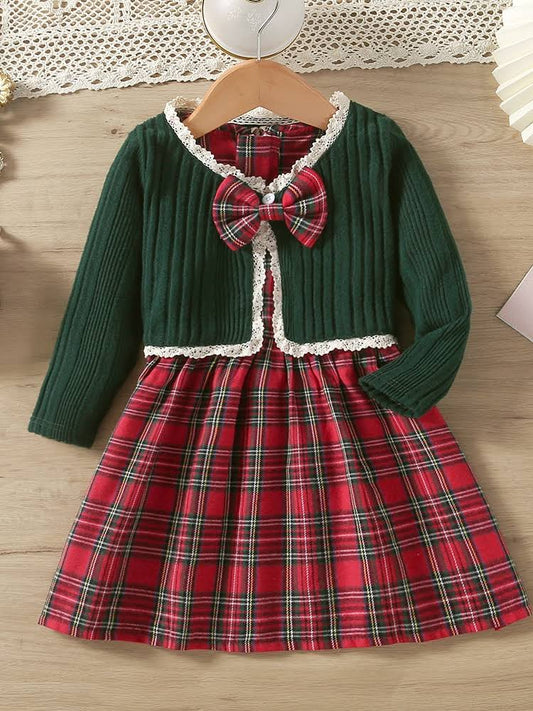 Timeless Holiday Christmas Plaid Dress & Knit Cardigan Set