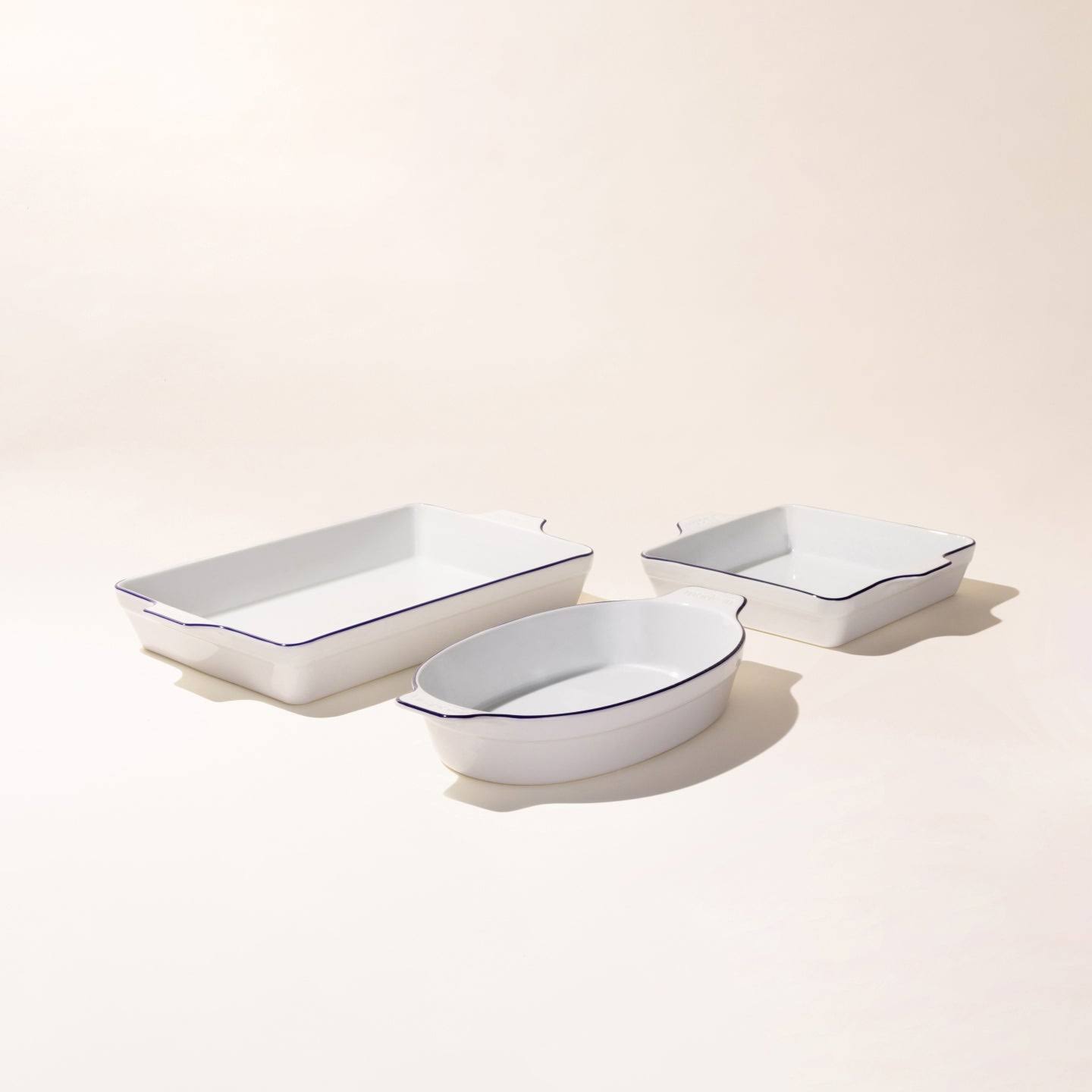 Rated Porcelain Bakeware Set | 3-Piece | Navy Rim | Lifetime Warranty |