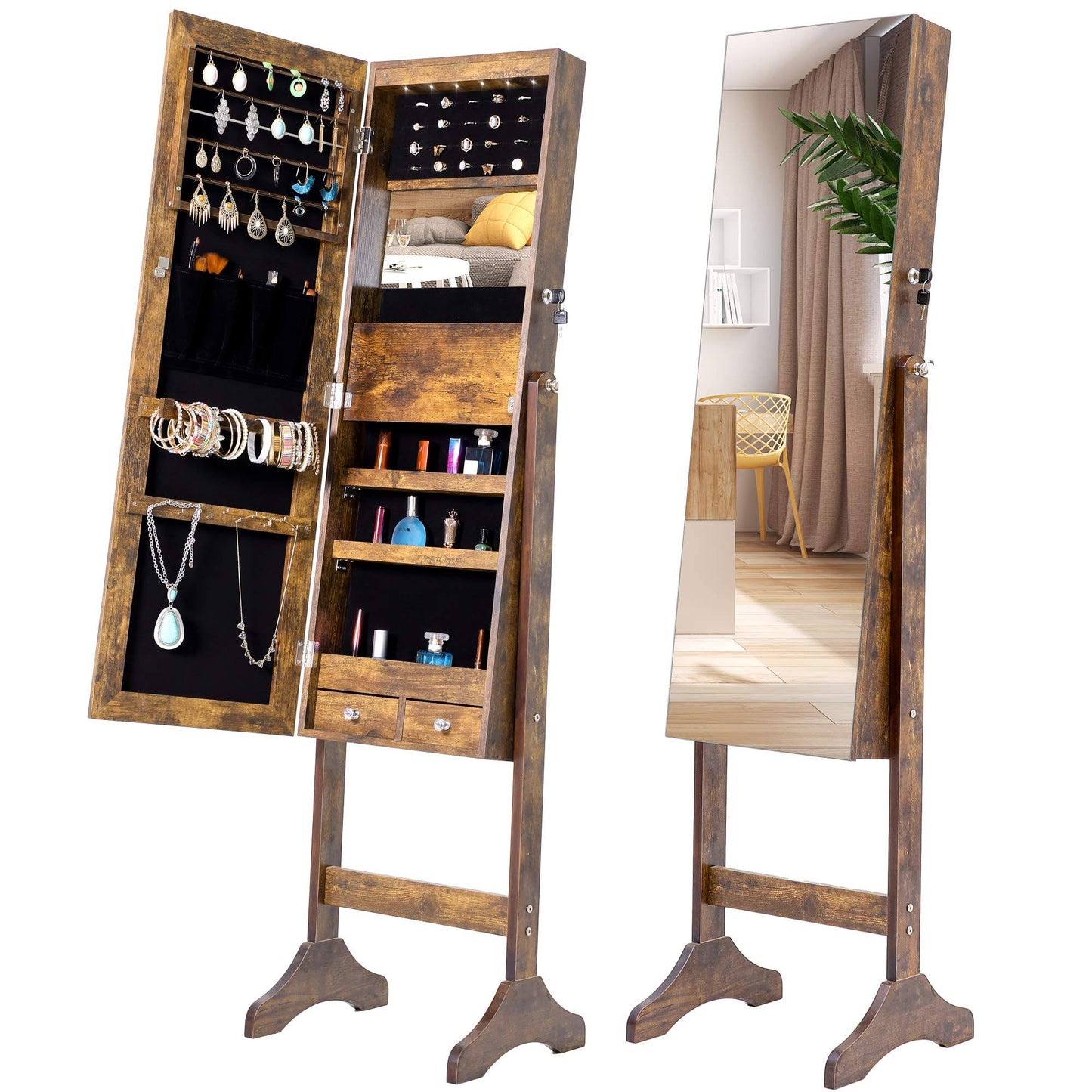 Mirror With Jewelry Storage And 6 Led Lights Lockable Standing Jewelry Armoire Organize With Mirror