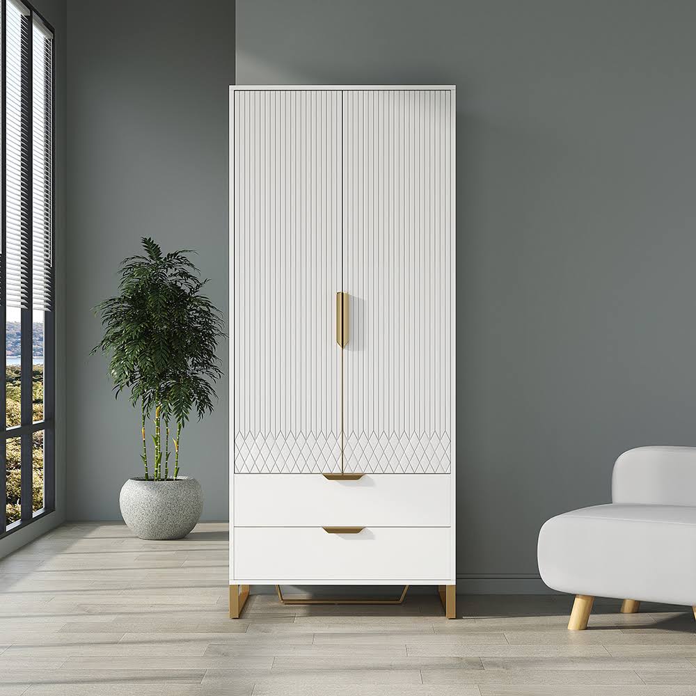 Modern White Tall Wardrobe With Storage Bedroom Clothing Armoire