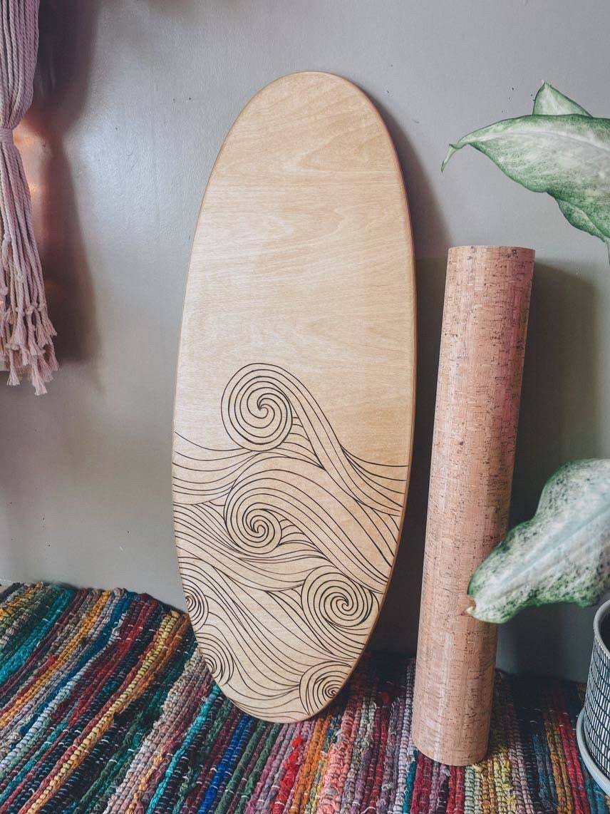 Surfboard Style Balance Board With Wave Art. Functional Coastal Decor, Great Gift And Free Personalization